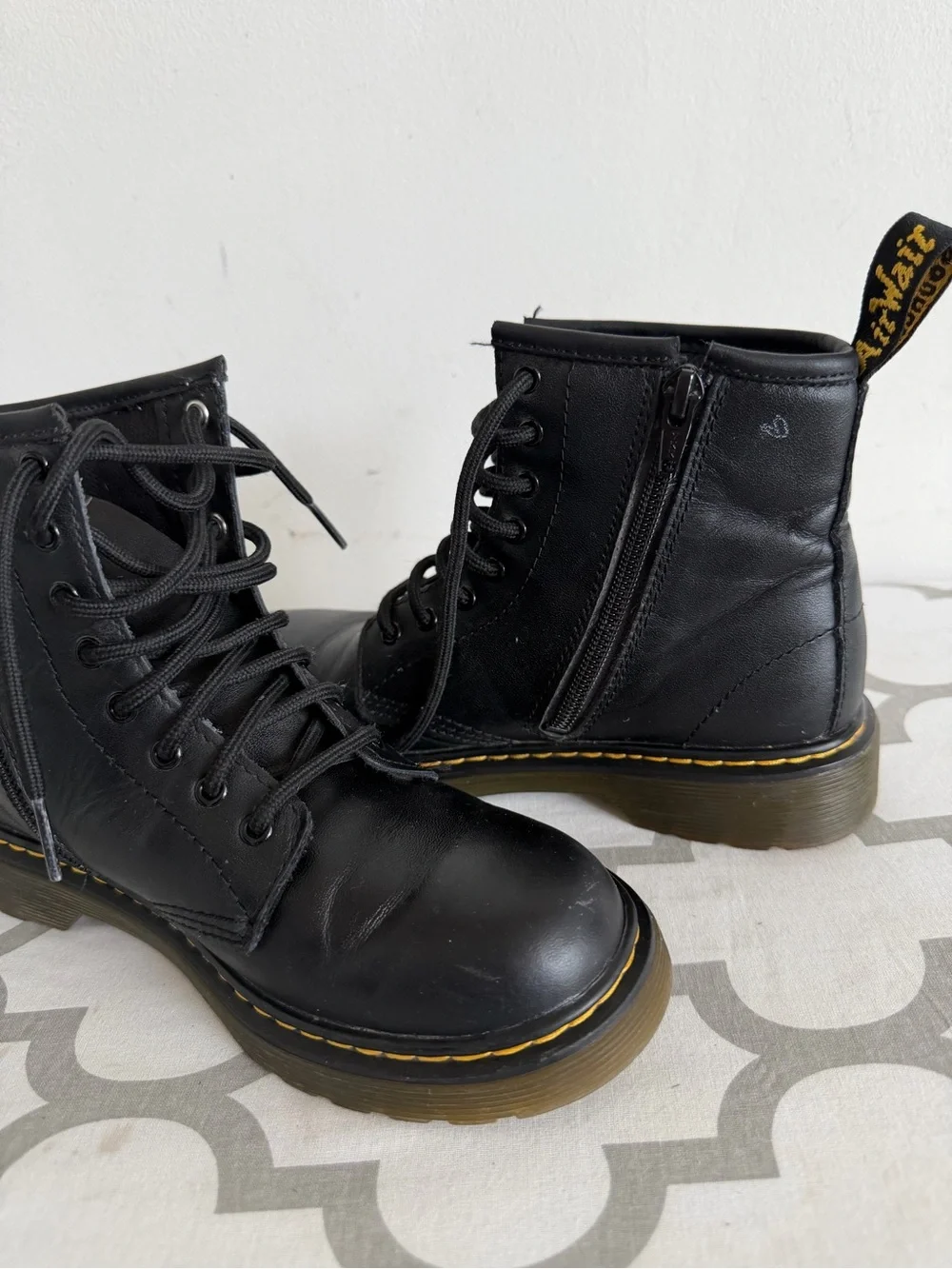 Dr. Martens Black Leather Lace-Up Combat Boots with Yellow Stitching